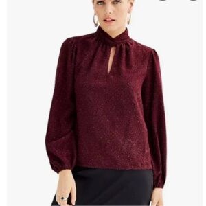 Nine West Twist Neck Long Sleeve Blouse, Woman Size M, Mauve, Sheer Sleeves